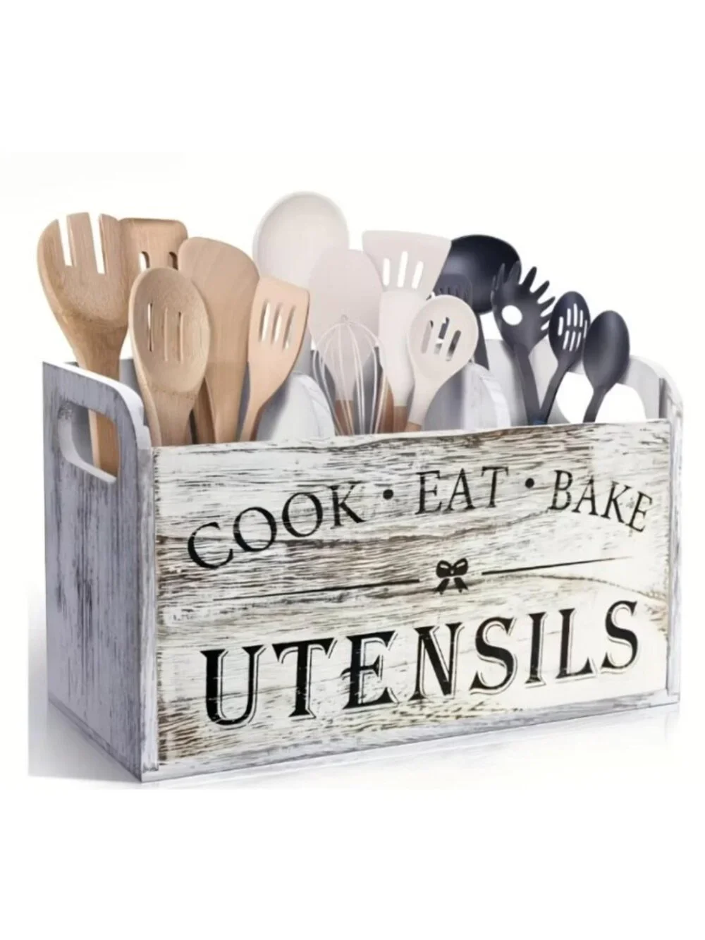 Wooden Kitchen Utensil Caddy, Spoon Fork Silverware Storage Rack